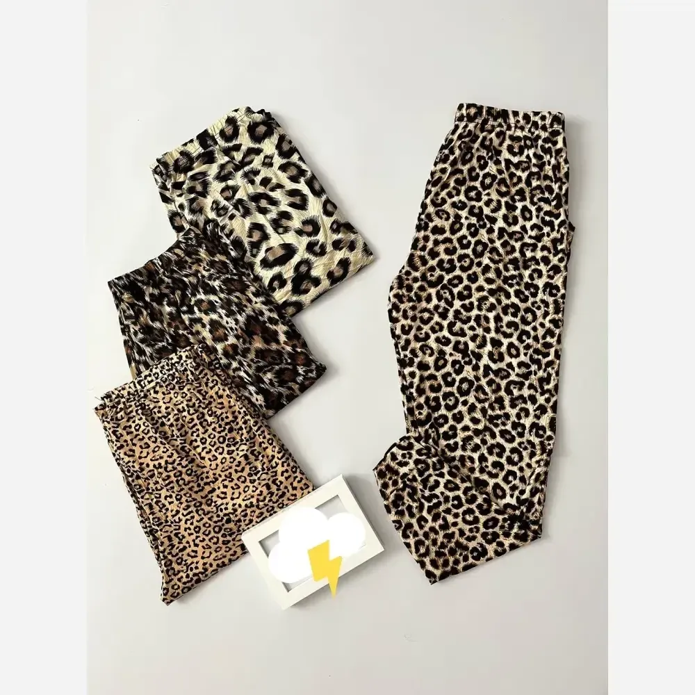 شلوار راحتی زنانه پلنگی قواره بزرگ جیب دار جنس پنبه گیاهی نانو سایز 38 تا 50