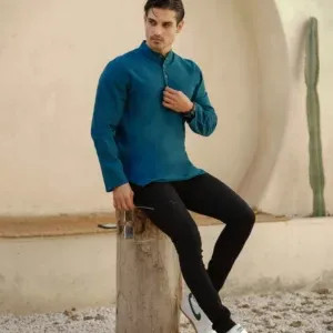 پیراهن مردانه الیاف طبیعی 100 درصد پنبه مدل چهار دکمه رنگ کله غازی