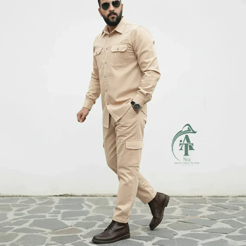ست پیراهن و شلوار کتان مردانه مدل یاشیل رنگ نخودی