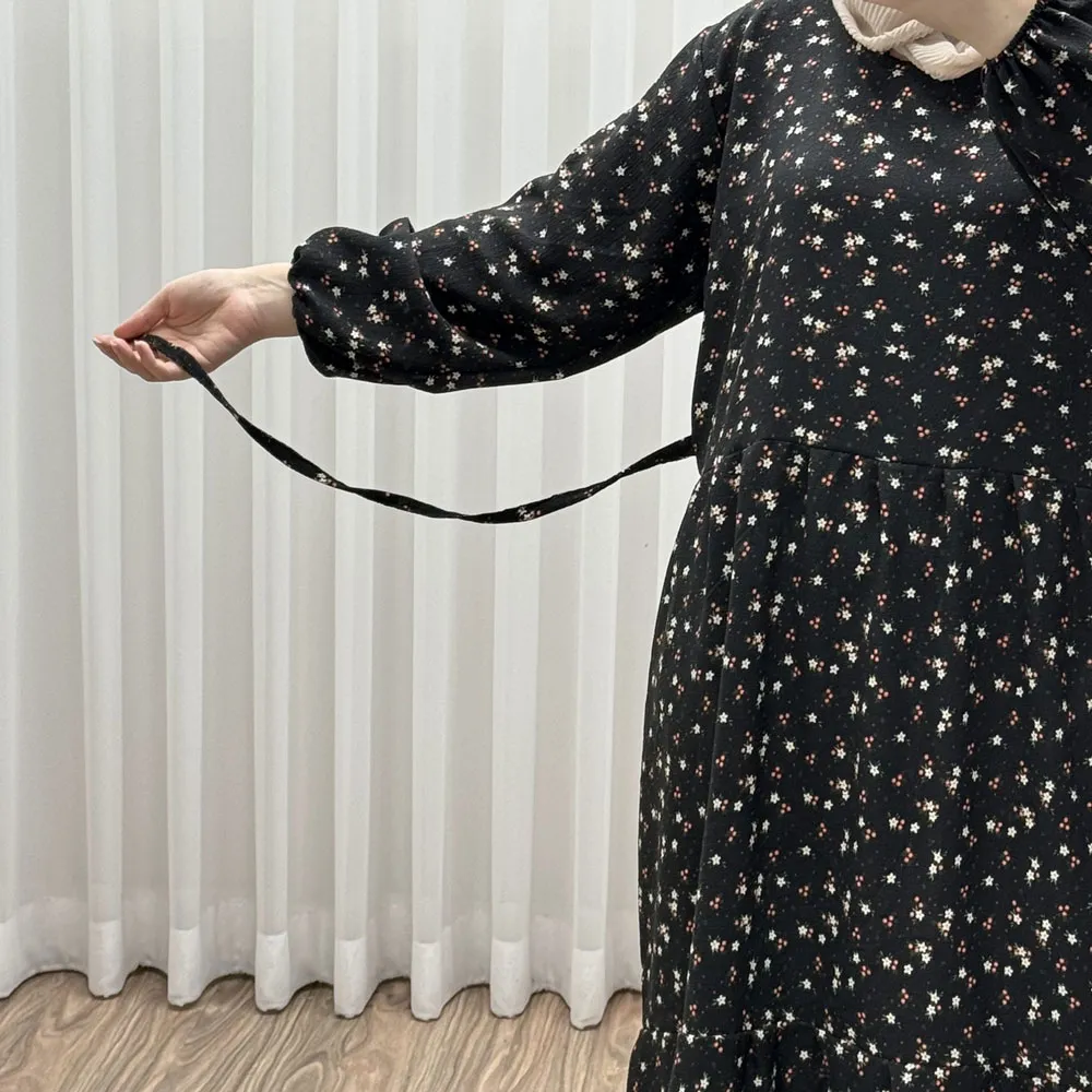 پیراهن بلند زنانه پفکی مدل پاموق فری سایز همراه با کمربند