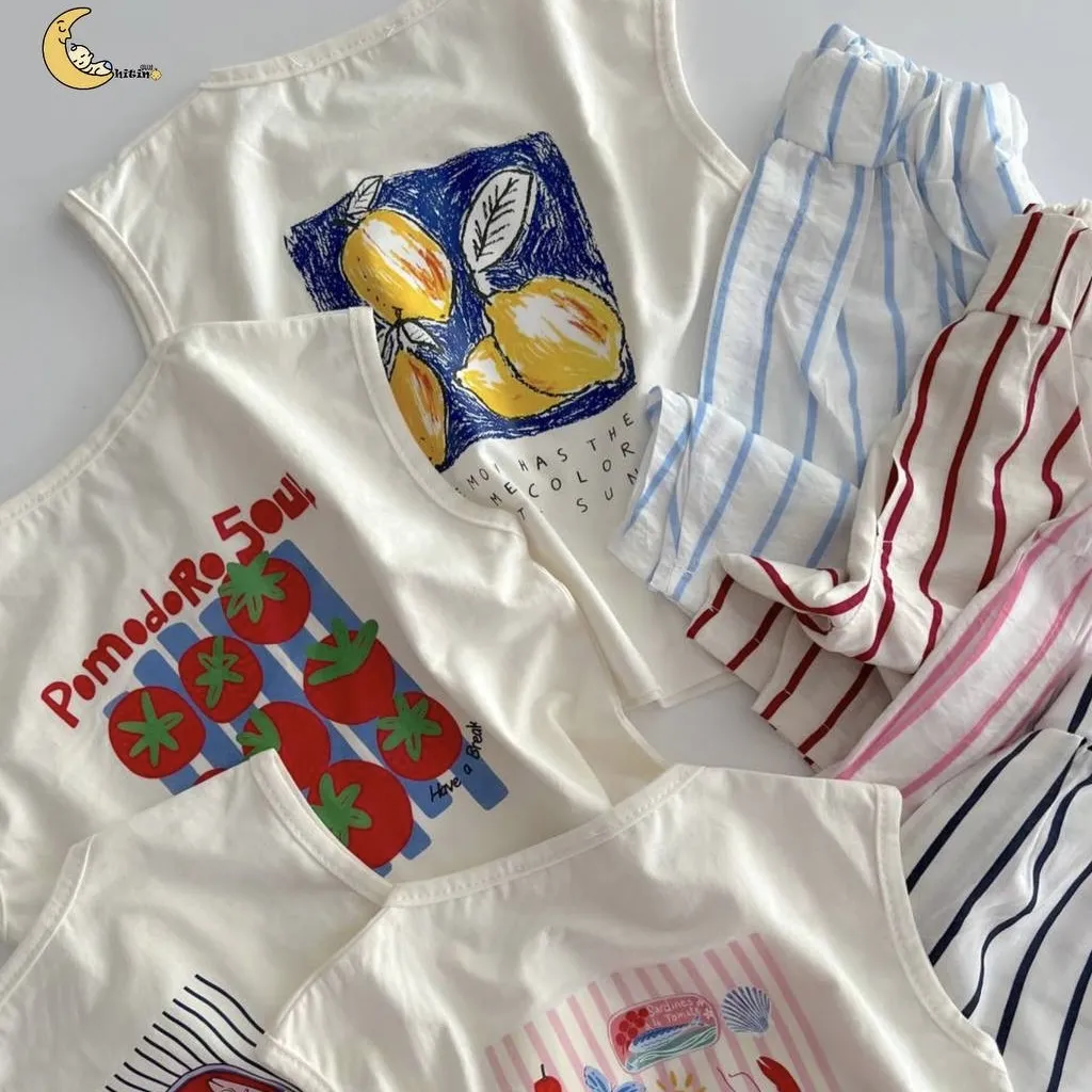 تاپ و شلوارک نخی دخترانه و پسرانه طرح راه راه تابستانی سایز 2 تا 6 سال