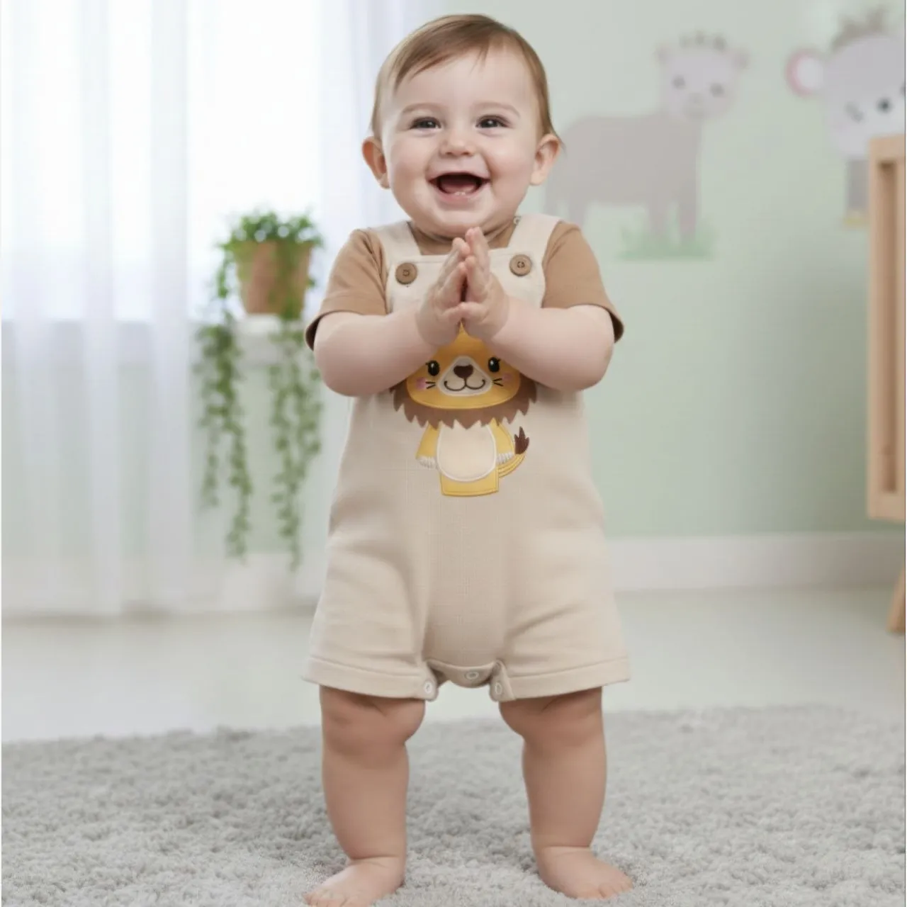 رامپر نوزادی دو تکه طرح شیر به همراه تیشرت ست