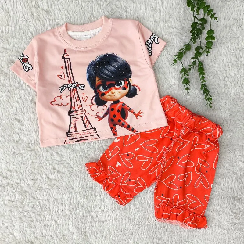 ست کراپ و شلوارک دخترانه نخی طرح کارتونی سایز 6 ماه تا 5 سال