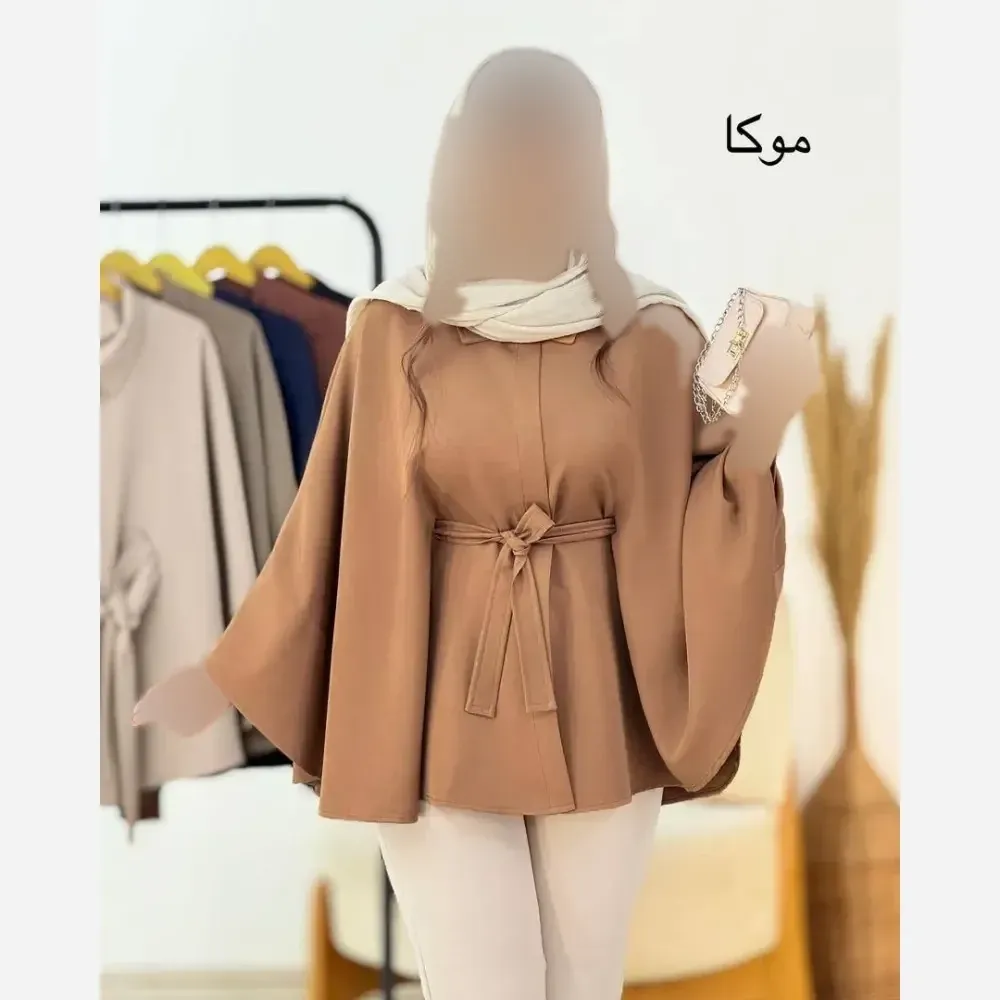 کت زنانه جنس مازراتی رنگ کرم و موکا فری سایز با کمربند چرم