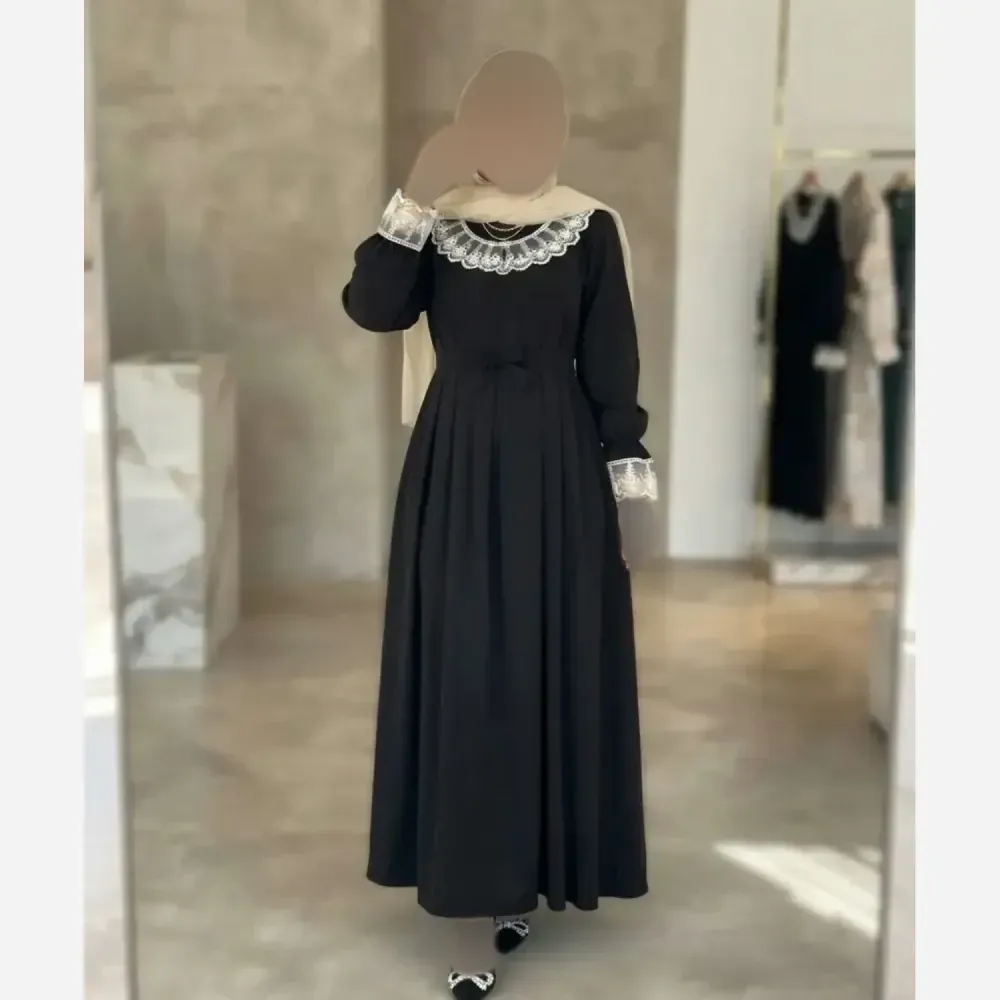 عبا یقه گیپور مشکی الیزه درجه یک فری سایز تنخور عالی و شیک کیفیت تضمینی