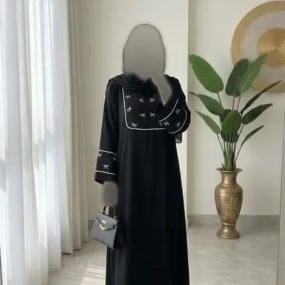 عبا پاپیون کرپ کادنزا اعلا فری سایز زنانه مشکی تنخور عالی شیک مناسب 36 تا 50