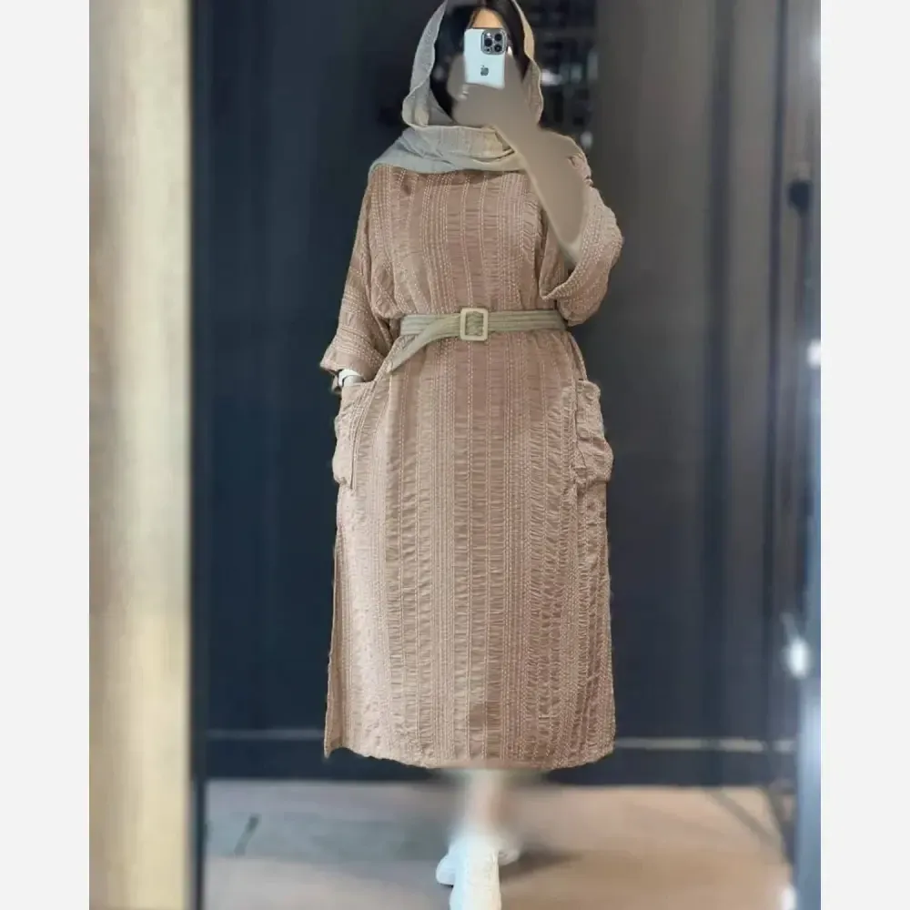 کفتان زنانه ساناز کوک دوزی اعلا جیبدار با کمربند کنفی رنگ سبز نخودی کرم