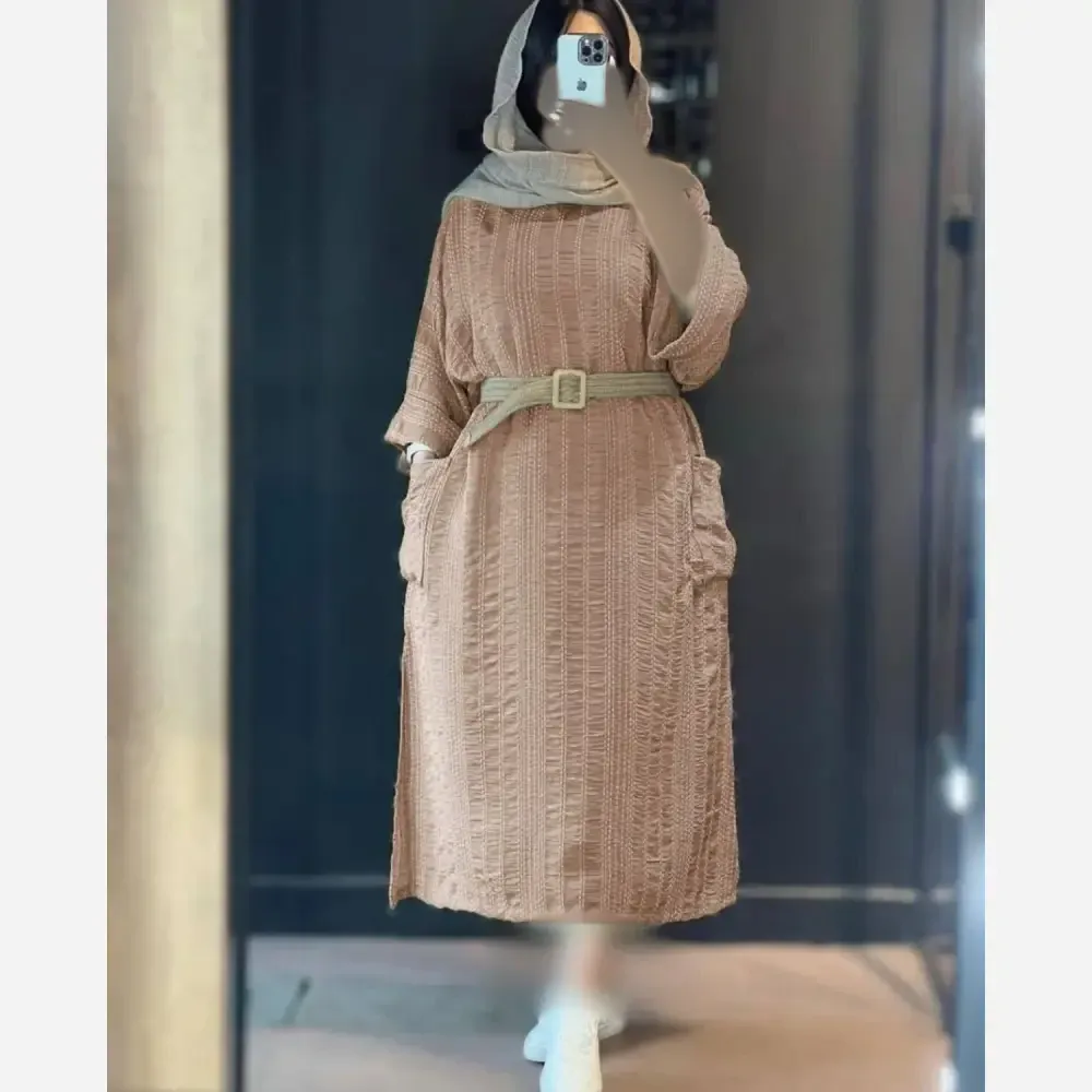 کفتان زنانه ساناز کوک دوزی اعلا جیبدار با کمربند کنفی رنگ سبز نخودی کرم