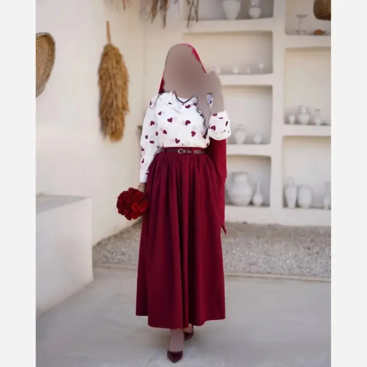 ست سه تیکه قلبی شومیز بوگاتی دامن پوبلین کتان زنانه فری سایز