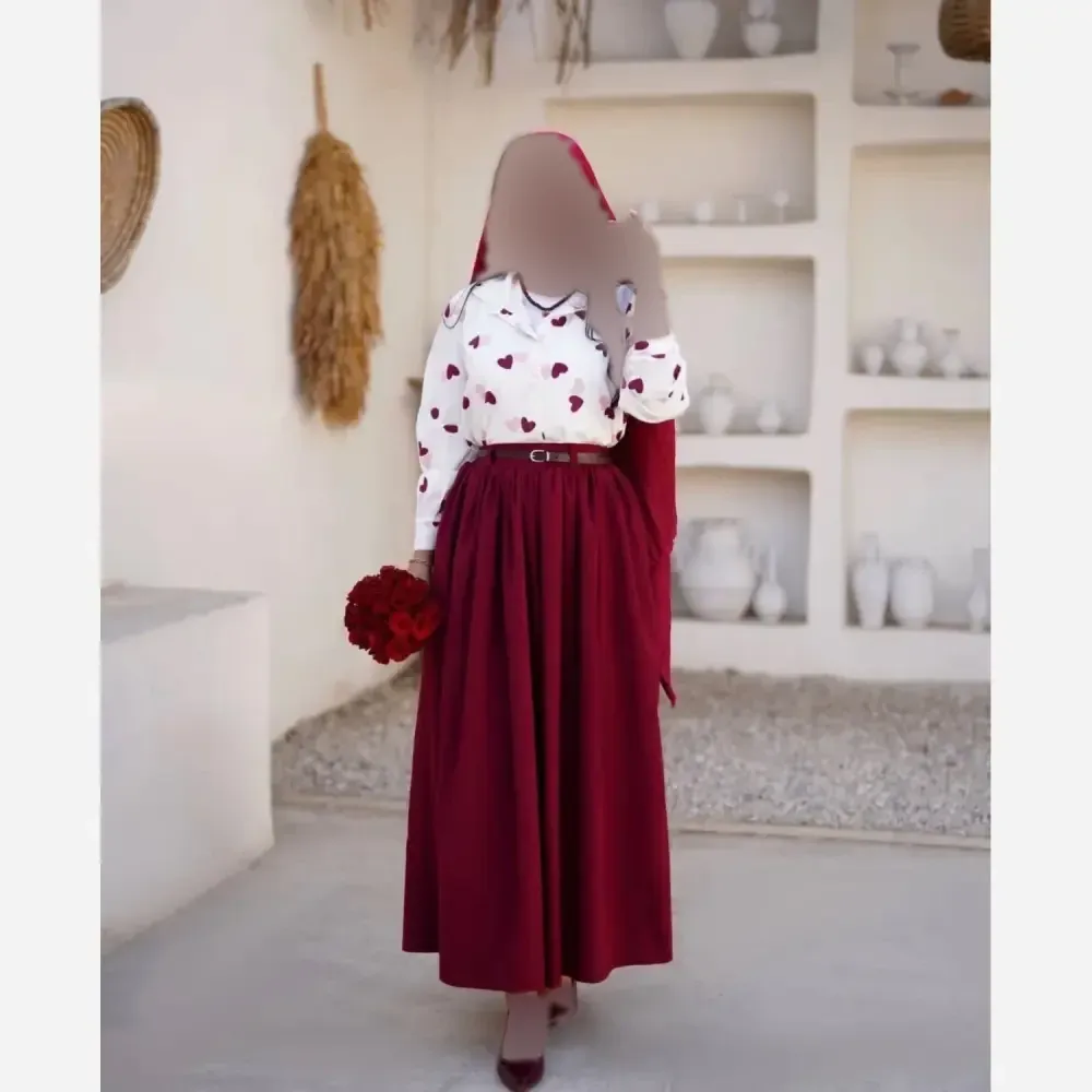 ست سه تیکه قلبی شومیز بوگاتی دامن پوبلین کتان زنانه فری سایز