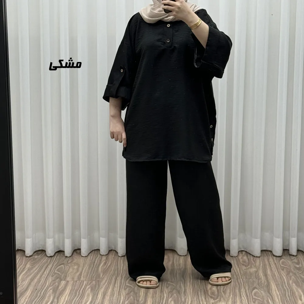 ست بلوز و شلوار زنانه مدل پانچی جنس شانتون فری سایز مناسب تا 52