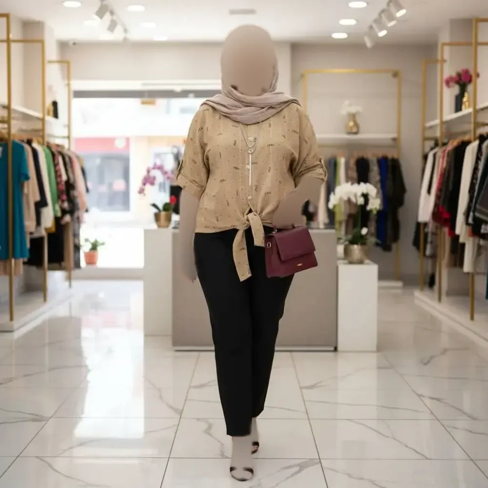 شومیز گره ای miu جنس سوفیا دیپلمات لمه ای رنگ نسکافه ای فری سایز