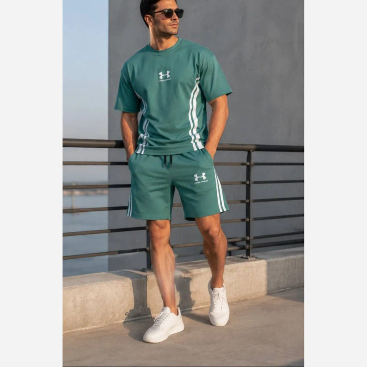 ست تیشرت شلوارک بیسکوییتی طرح UNDER ARMOUR نواردوزی شده
