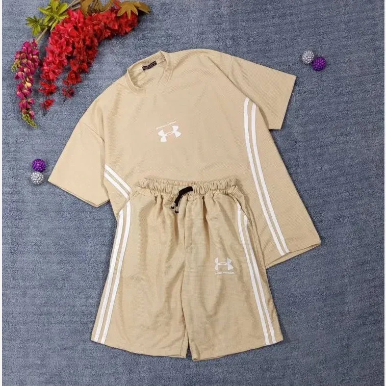 ست تیشرت شلوارک بیسکوییتی طرح UNDER ARMOUR نواردوزی شده