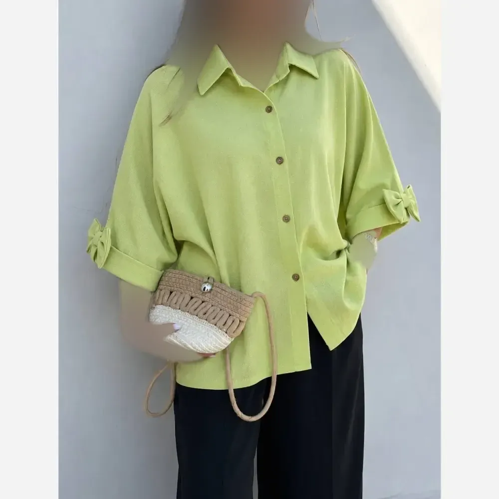 شومیز باکسی لینن درجه یک زنانه رنگ مشکی و سبز پسته ای فری سایز
