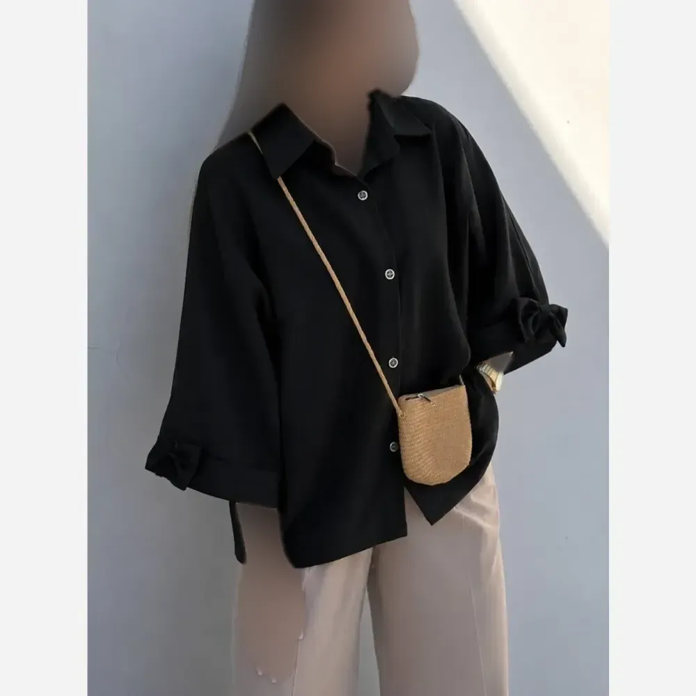 شومیز باکسی لینن درجه یک زنانه رنگ مشکی و سبز پسته ای فری سایز