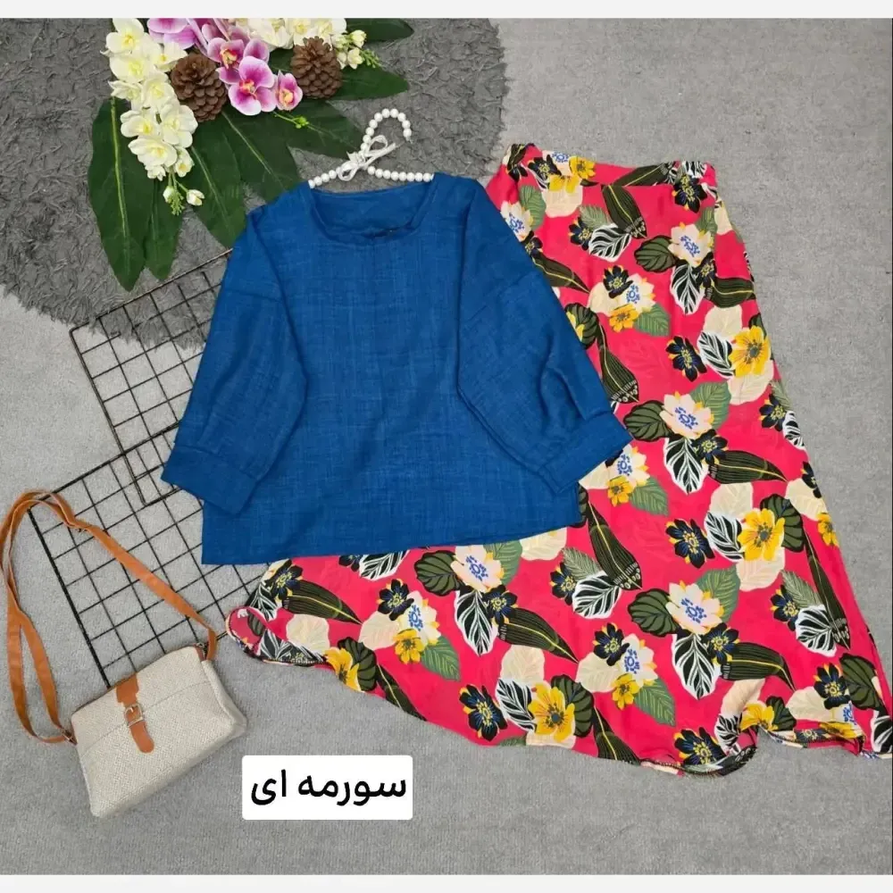 ست شومیز و سارافون گلدار جنس شانتون و حریر سایز فری مناسب 36 تا 46