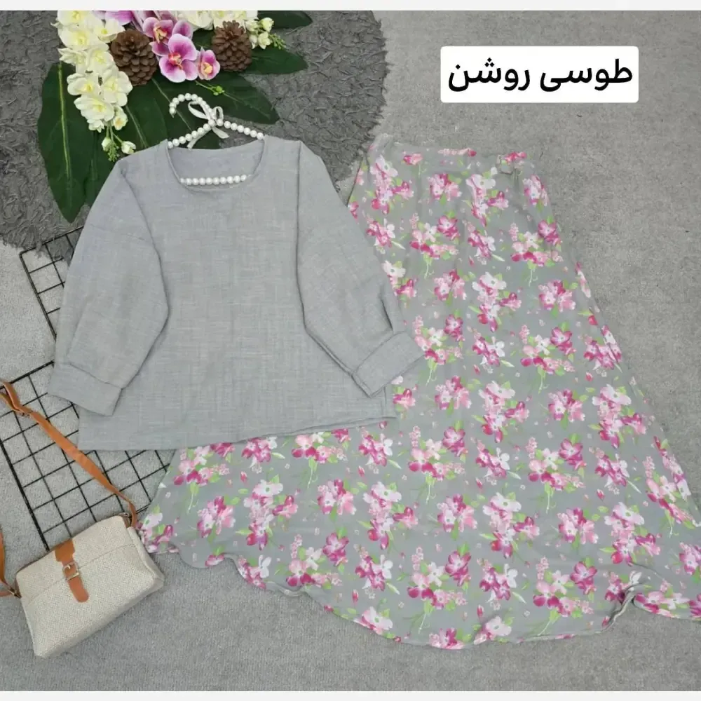 ست شومیز و سارافون گلدار جنس شانتون و حریر سایز فری مناسب 36 تا 46