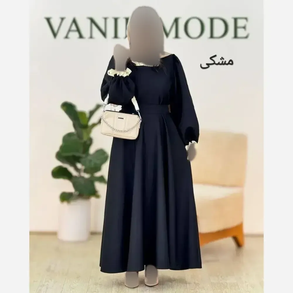 پیراهن یقه گیپور شهرزاد جنس الیزه مشکی فری سایز کمربنددار
