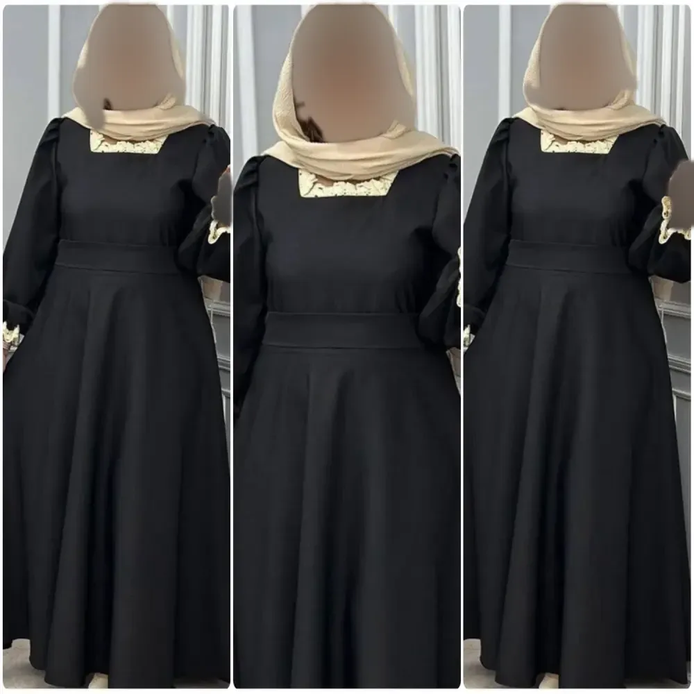 پیراهن یقه گیپور شهرزاد جنس الیزه مشکی فری سایز کمربنددار