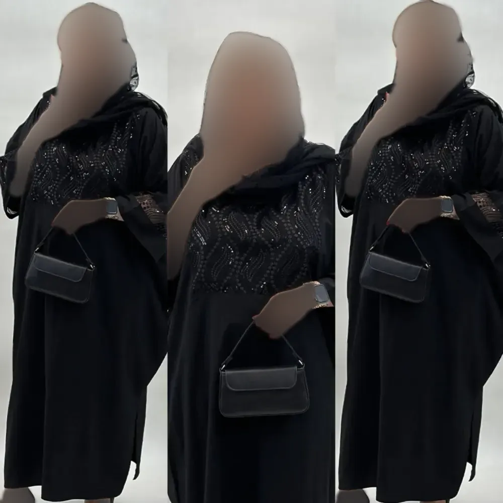 عبا مجلسی زنانه مدل آمیتیس جنس بوگاتی و گیپور رنگ مشکی سایز فری سایز