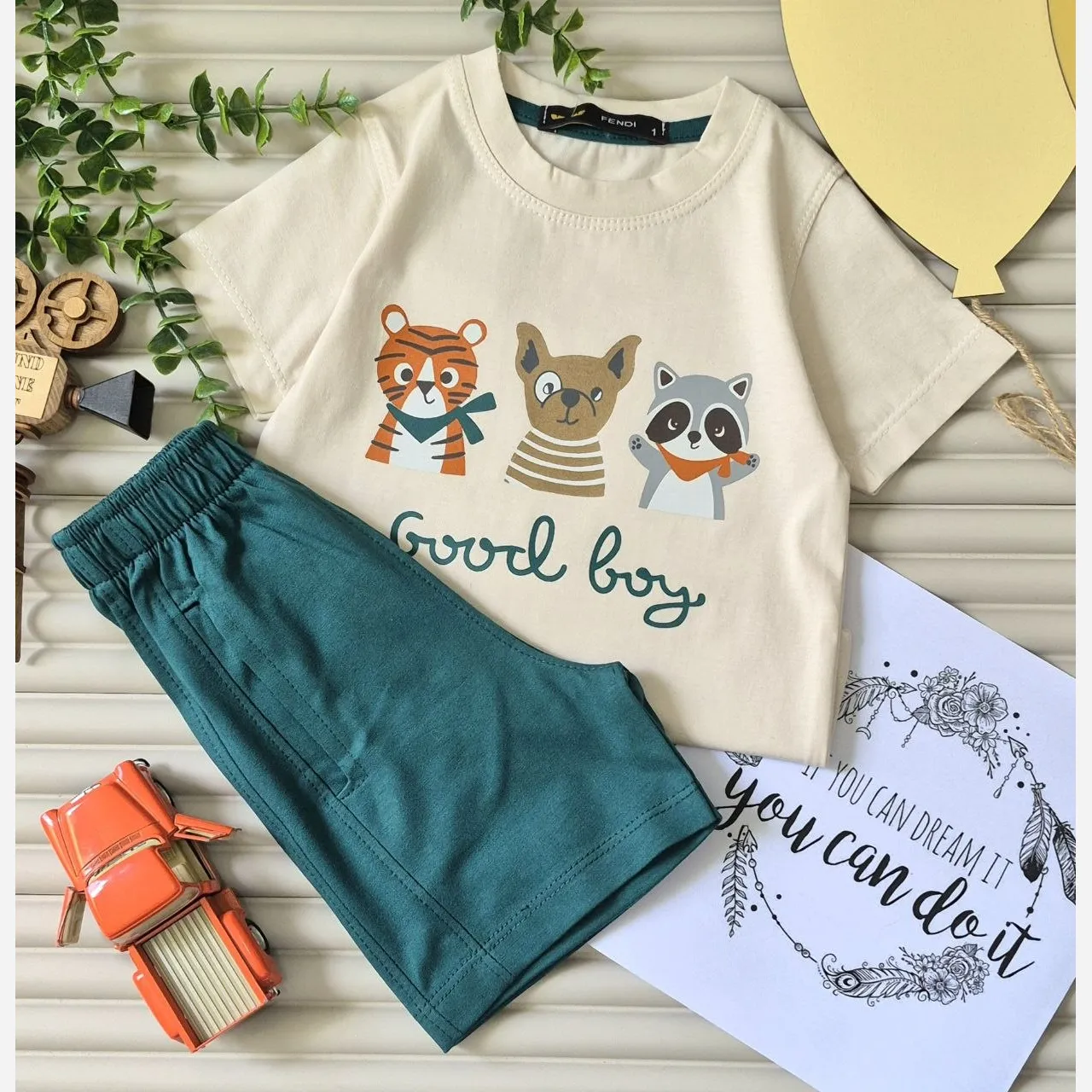 ست تیشرت و شلوارک راحتی بچگانه طرح حیوانات Good Boy نخ پنبه اعلا سایز 40 تا 50