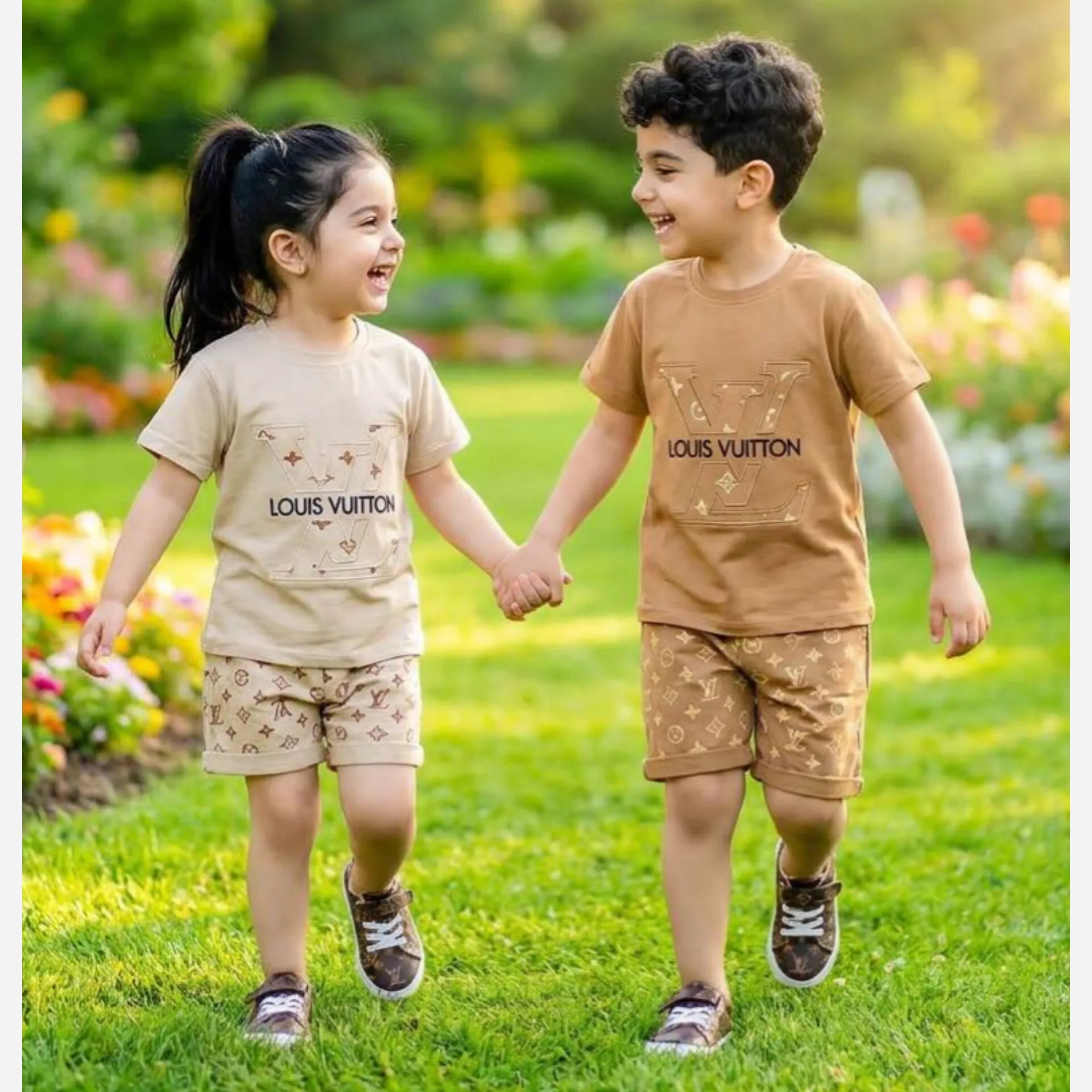 تیشرت شلوارک طرح LV پنبه یکرو لاکرادار رنگ کرم و نسکافه ای