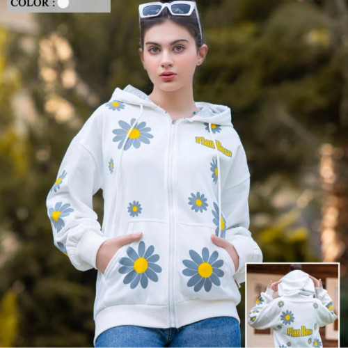 سویشرت دورس دخترانه تو کرکی نوجوان طرح بابونه سفید زرد