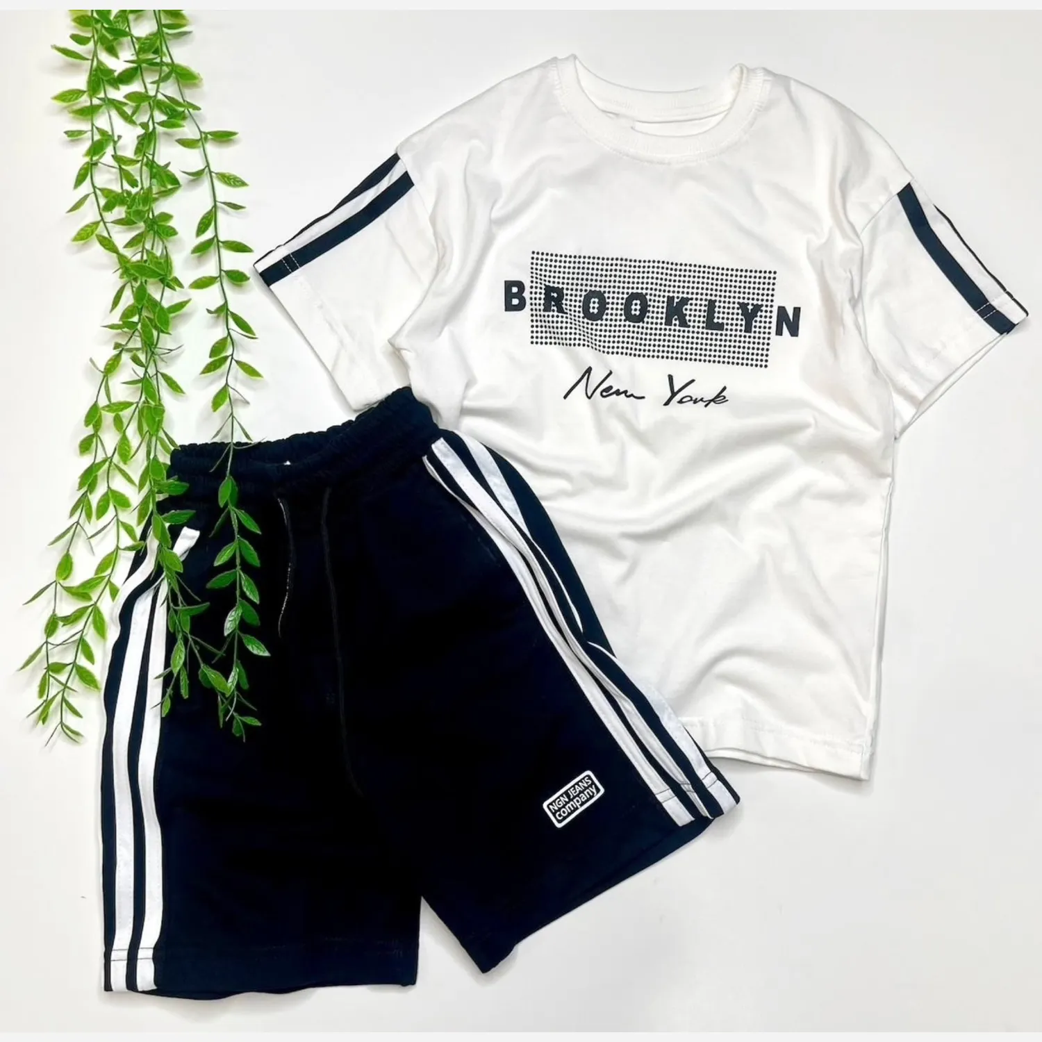 ست تیشرت شلوارک اسپرت دخترانه و پسرانه طرح brooklyn پنبه دورس ترک