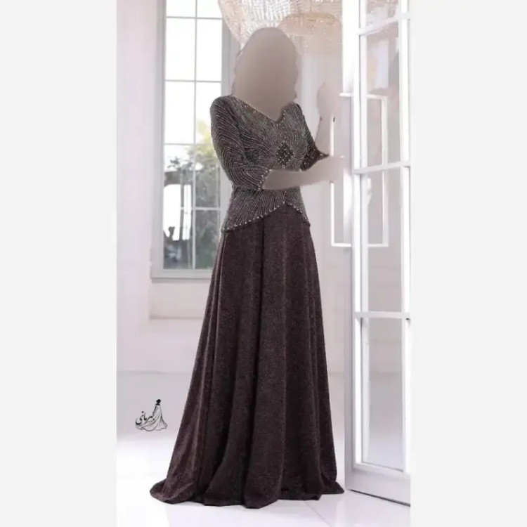 پیراهن مجلسی زنانه روناک کاپدار با نگین و مروارید سایزبندی 42 تا 58 قد 150 جنس لمه درجه یک
