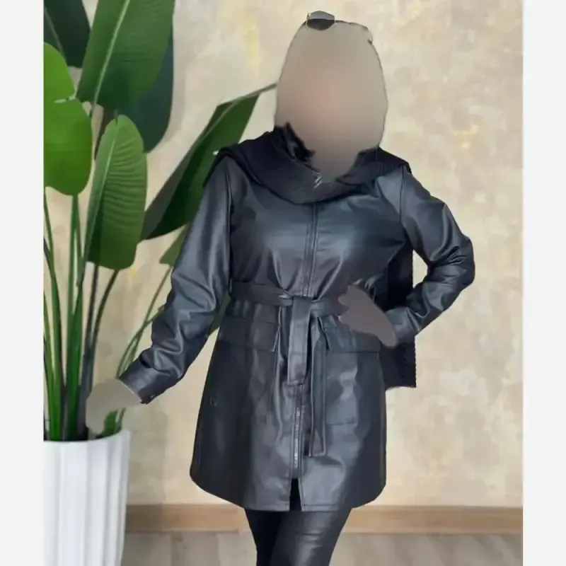 کاپشن چرم زنانه مدل یاشین رنگ مشکی سایز فری 38 تا 46
