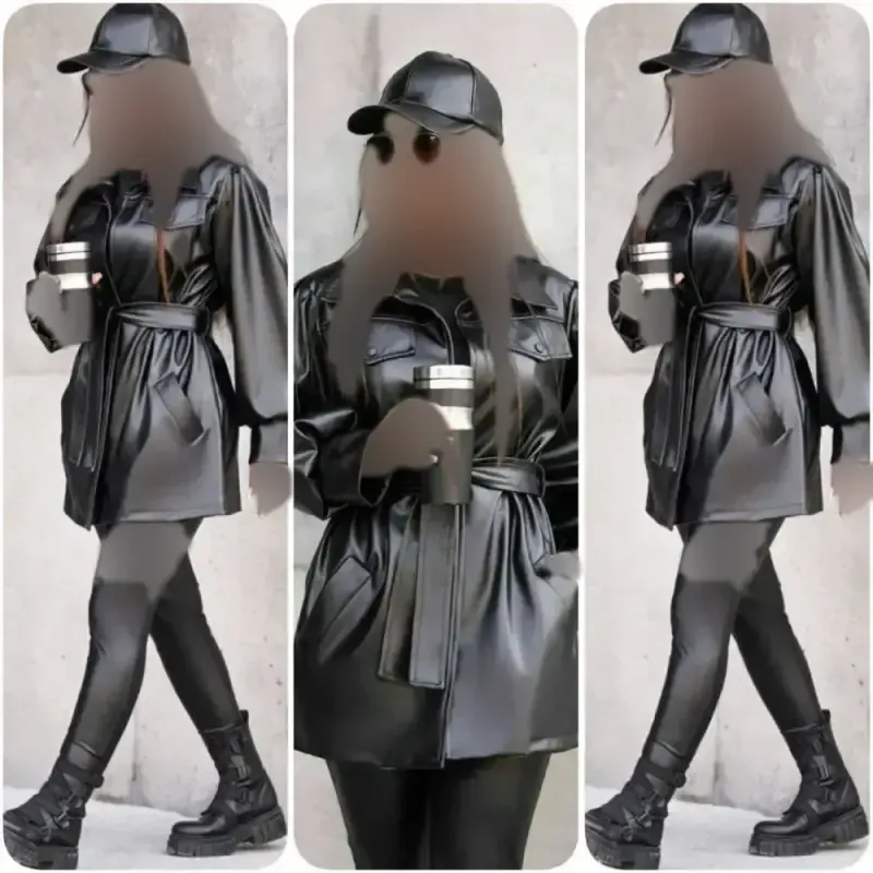 کاپشن چرم زنانه مدل یاشین رنگ مشکی سایز فری 38 تا 46