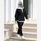 ست مانتو شلوار زنانه مدل مریم جنس پرشین مکانیک رنگ مشکی و طوسی سایز فری 36 تا 46